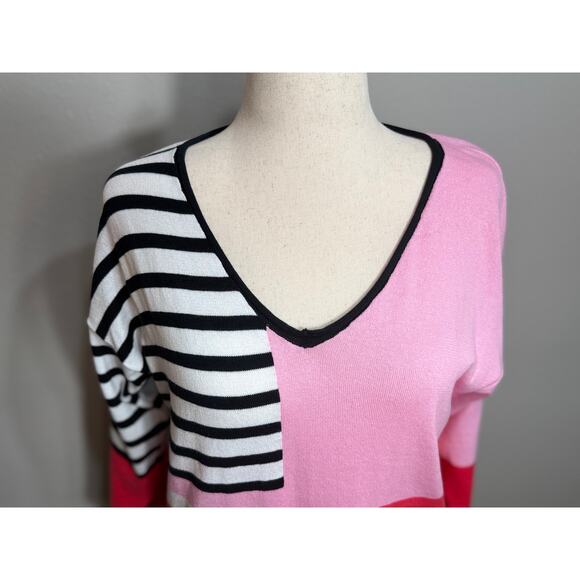 Shannon Passero v neck sweater color block & stripes pink black white Cotton S/M - Picture 2 of 6
